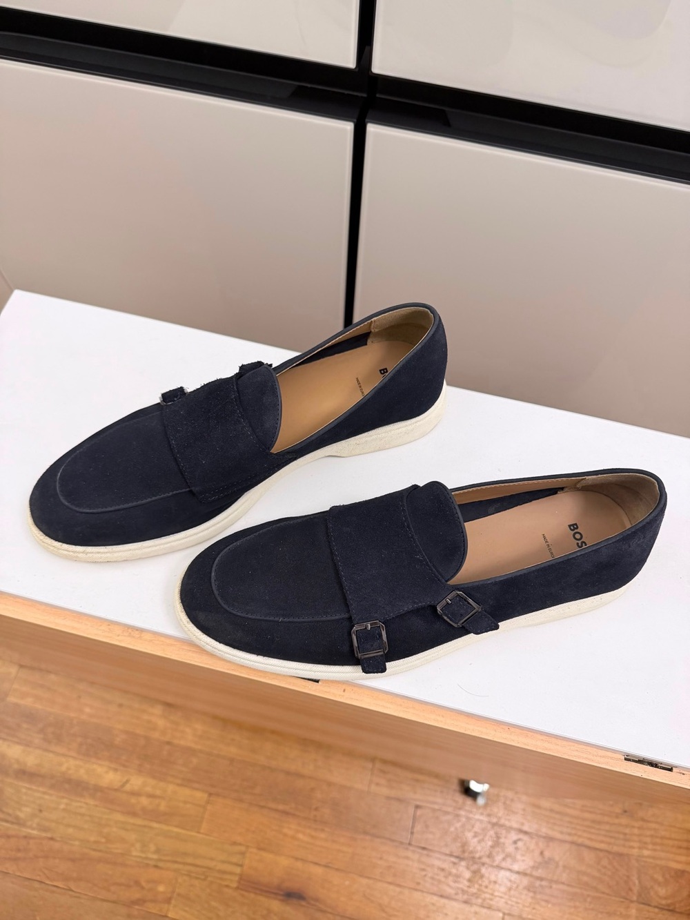 Hugo Boss Navy Suede Slip-On Loafers with Buckle